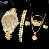 6PCS Women Watch Luxury Elegant Alloy Watch Crystal Wristwatch For Ladies Gift Quartz Watch Alloy Rhinestone Bracelet Montre